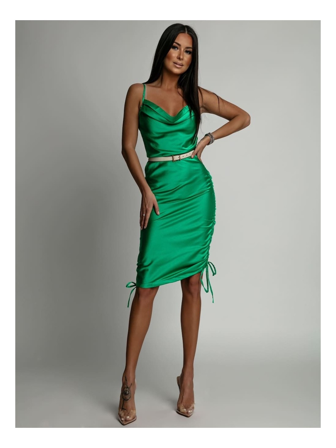 Fitted dress with ruffles, green FG643 - Online store - Boutique